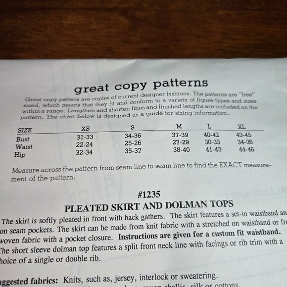 Great Copy Patterns 1235 sewing patterns Pleated Skirt, Dolman Tops UNCUT XS-XL - Picture 4 of 8